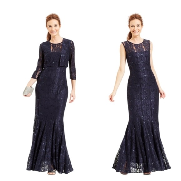 Alex Evenings formal Navy Sequin Lace maxi Dress with lace jacket trumpet hem 16